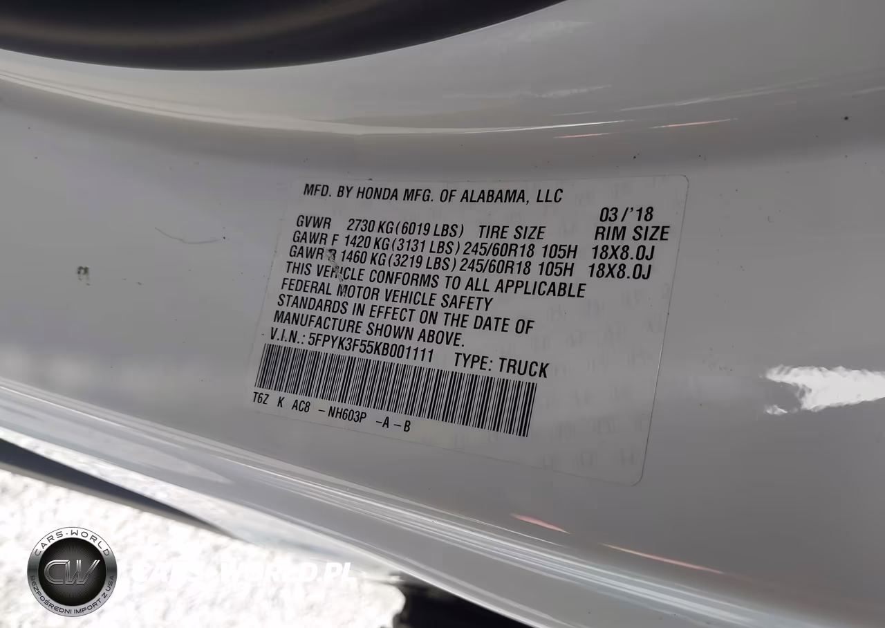 2019 Honda Ridgeline Rtl VIN:5FPYK3F55KB001111 - 9