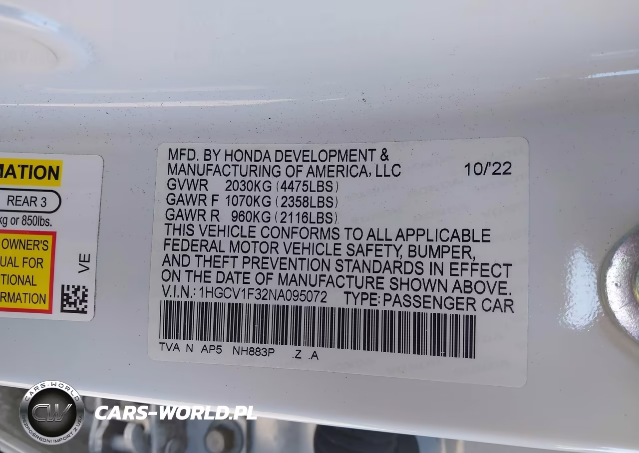 2022 Honda Accord Sport VIN:1HGCV1F32NA095072 - 9