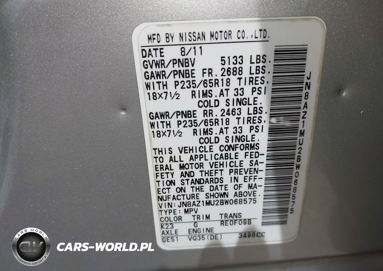 2011 Nissan Murano Sv VIN:JN8AZ1MU2BW068575 - 9