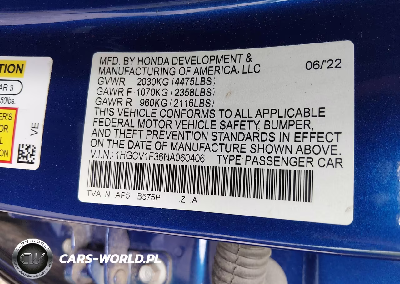 2022 Honda Accord Sport VIN:1HGCV1F36NA060406 - 9