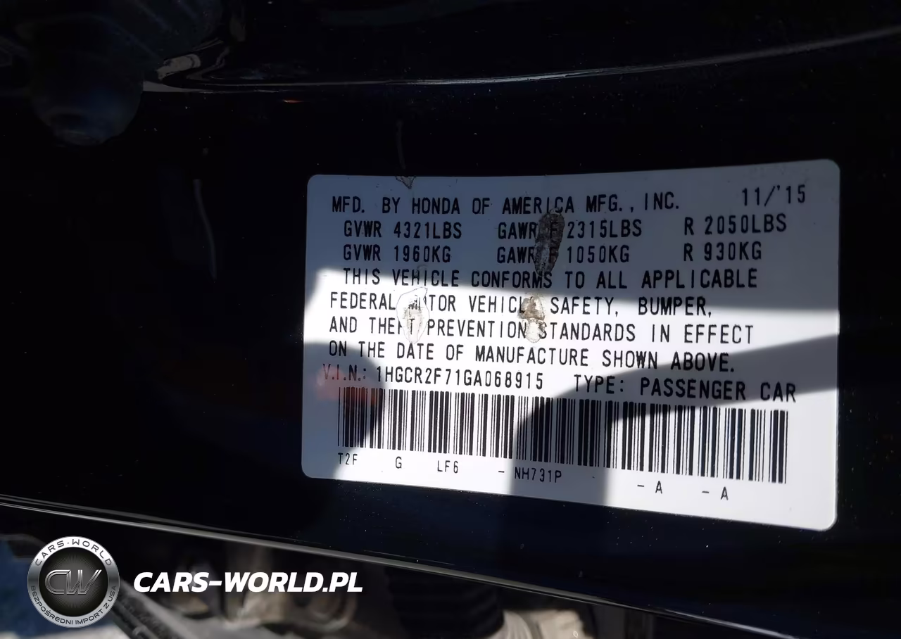 2016 Honda Accord Ex VIN:1HGCR2F71GA068915 - 9