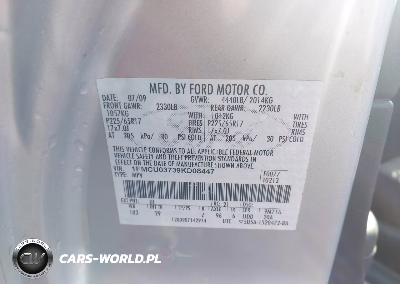 2009 Ford Escape Xlt VIN:1FMCU03739KD08447 - 9