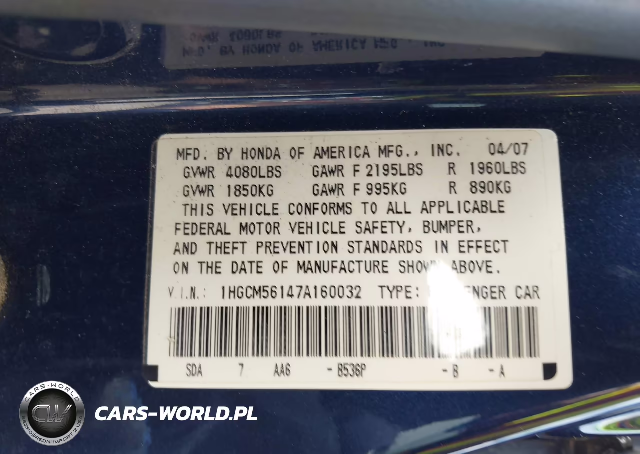 2007 Honda Accord 2.4 Vp VIN:1HGCM56147A160032 - 9