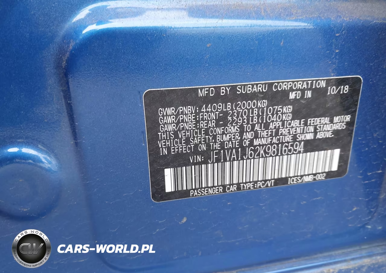 2019 Subaru Wrx Limited VIN:JF1VA1J62K9816594 - 9