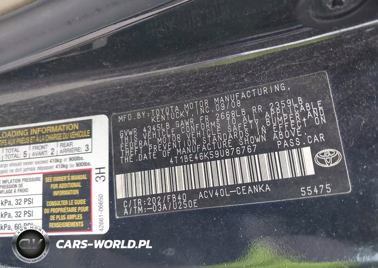 2009 Toyota Camry Le VIN:4T1BE46K59U876767 - 9