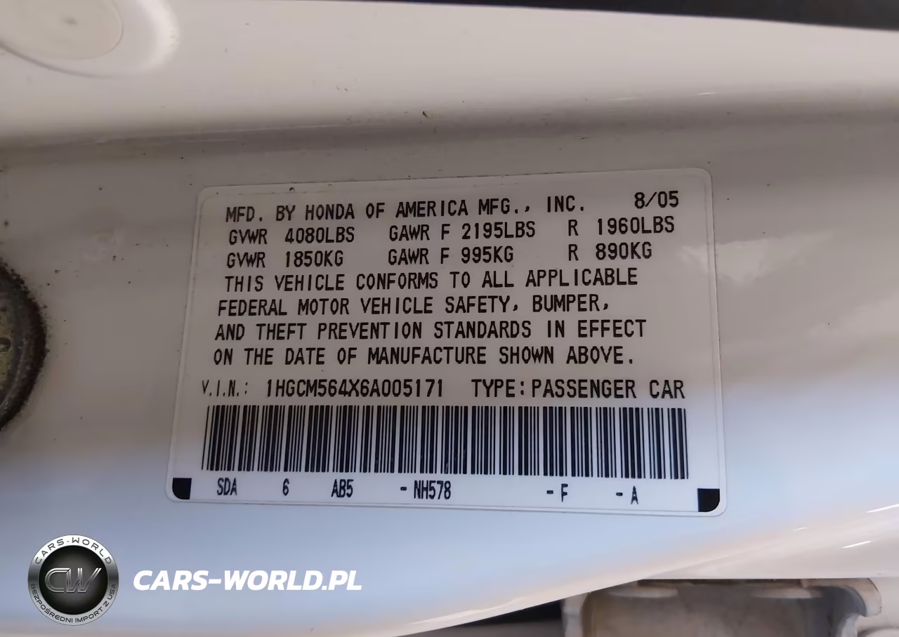 2006 Honda Accord 2.4 Lx VIN:1HGCM564X6A005171 - 9