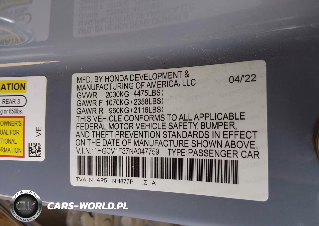 2022 Honda Accord Sport VIN:1HGCV1F37NA047759 - 9