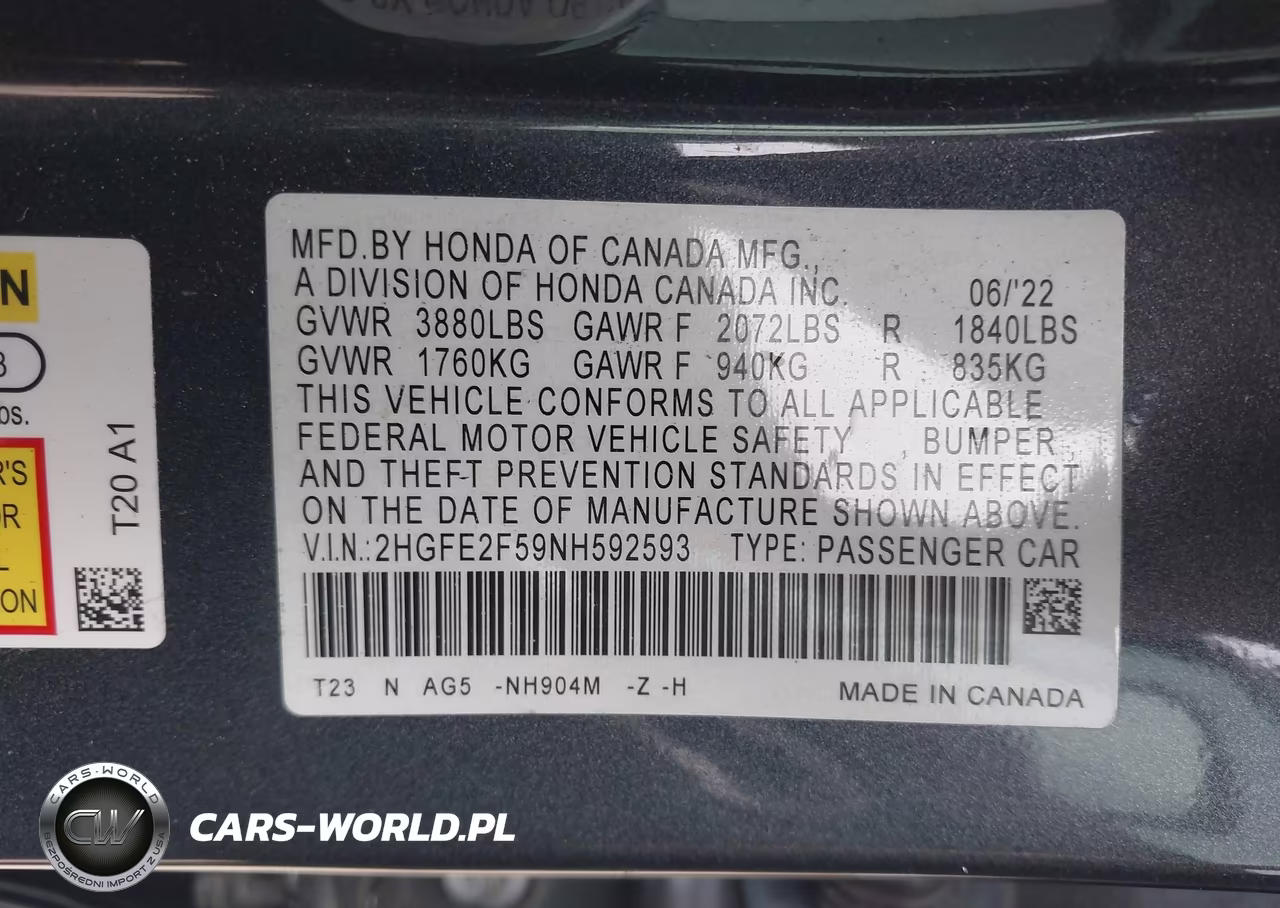 2022 Honda Civic Sport VIN:2HGFE2F59NH592593 - 9