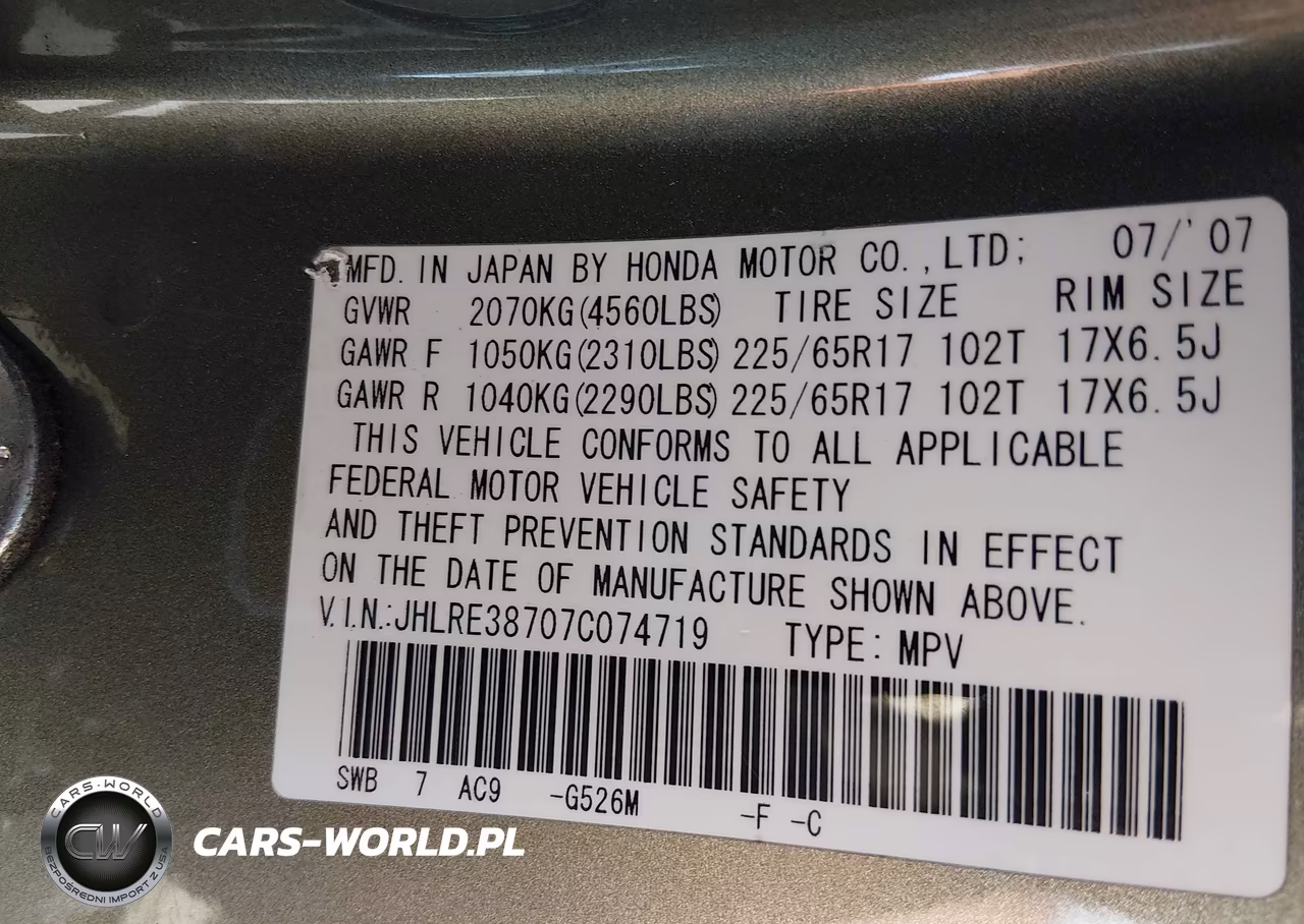 2007 Honda Cr-V Ex-L VIN:JHLRE38707C074719 - 9