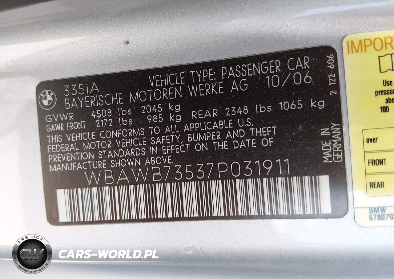 2007 BMW 335I VIN:WBAWB73537P031911 - 9