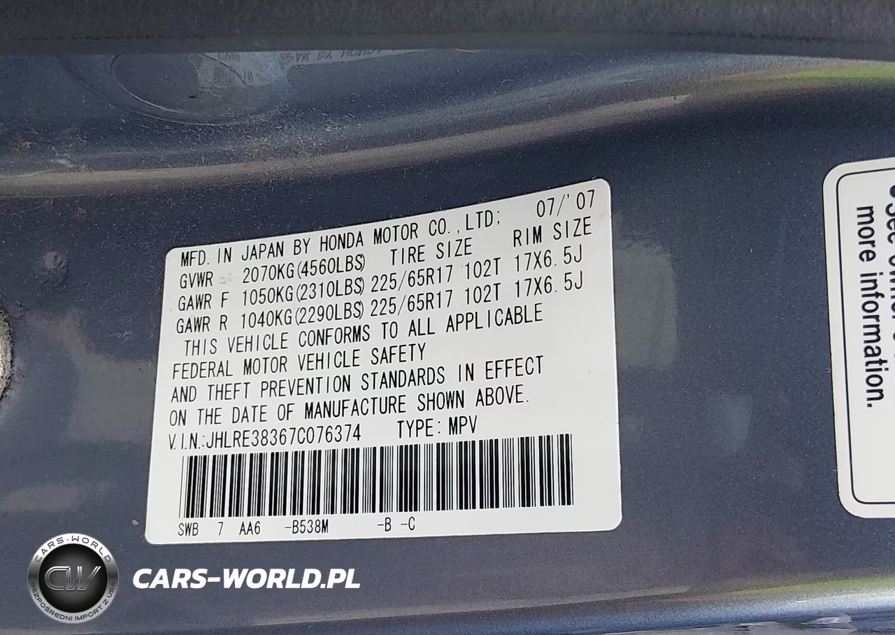 2007 Honda Cr-V Lx VIN:JHLRE38367C076374 - 9