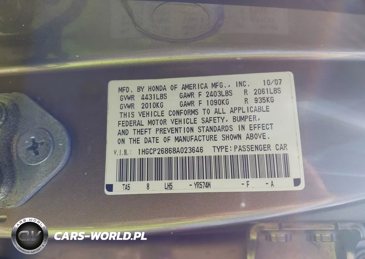2008 Honda Accord 2.4 Ex-L VIN:1HGCP26868A023646 - 9