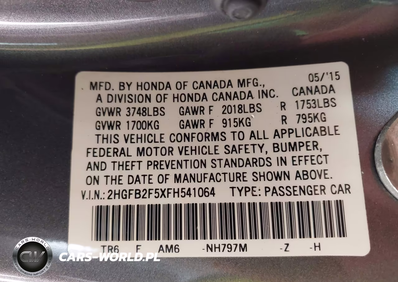 HONDA CIVIC LX VIN:2HGFB2F5XFH541064 - 9