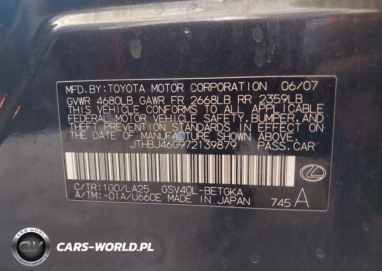 2007 Lexus Es 350 VIN:JTHBJ46G972139879 - 9
