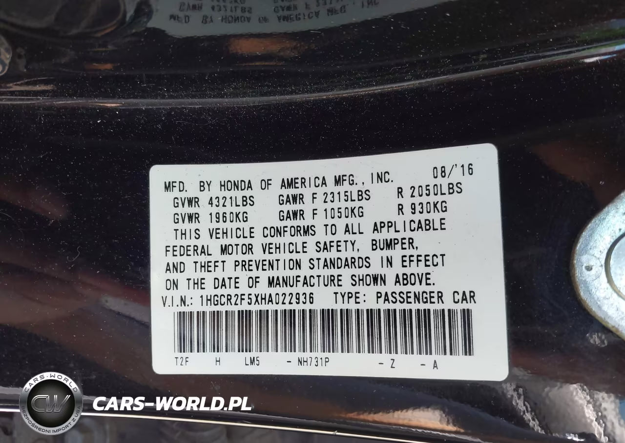 2017 Honda Accord Sport VIN:1HGCR2F5XHA022936 - 9