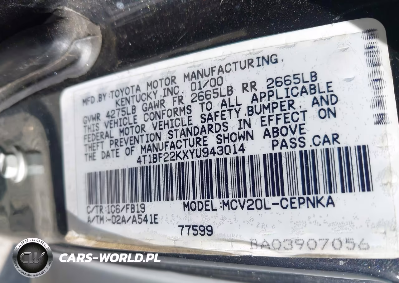 2000 Toyota Camry Le V6 VIN:4T1BF22KXYU943014 - 9
