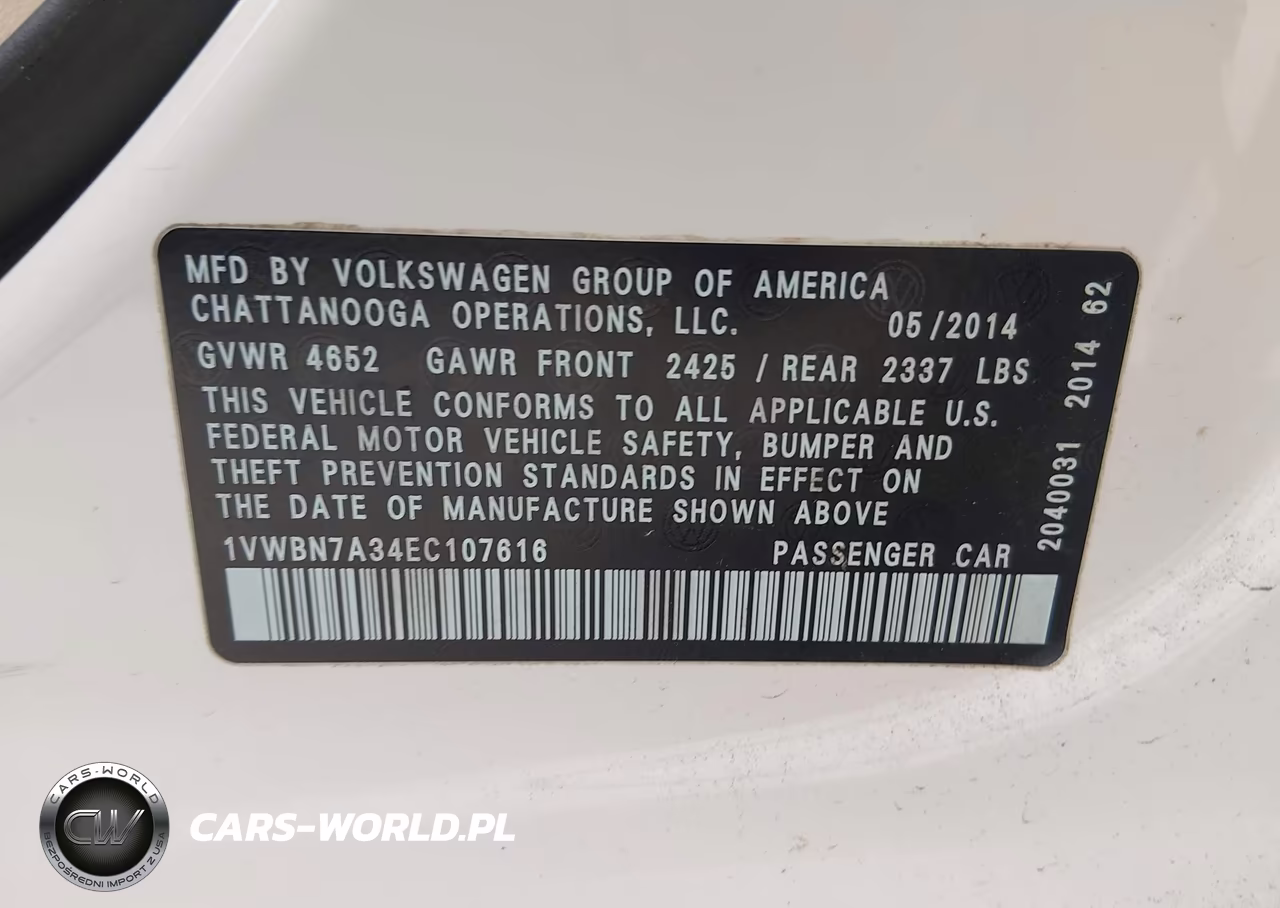 2014 Volkswagen Passat 2.0L Tdi Se VIN:1VWBN7A34EC107616 - 9
