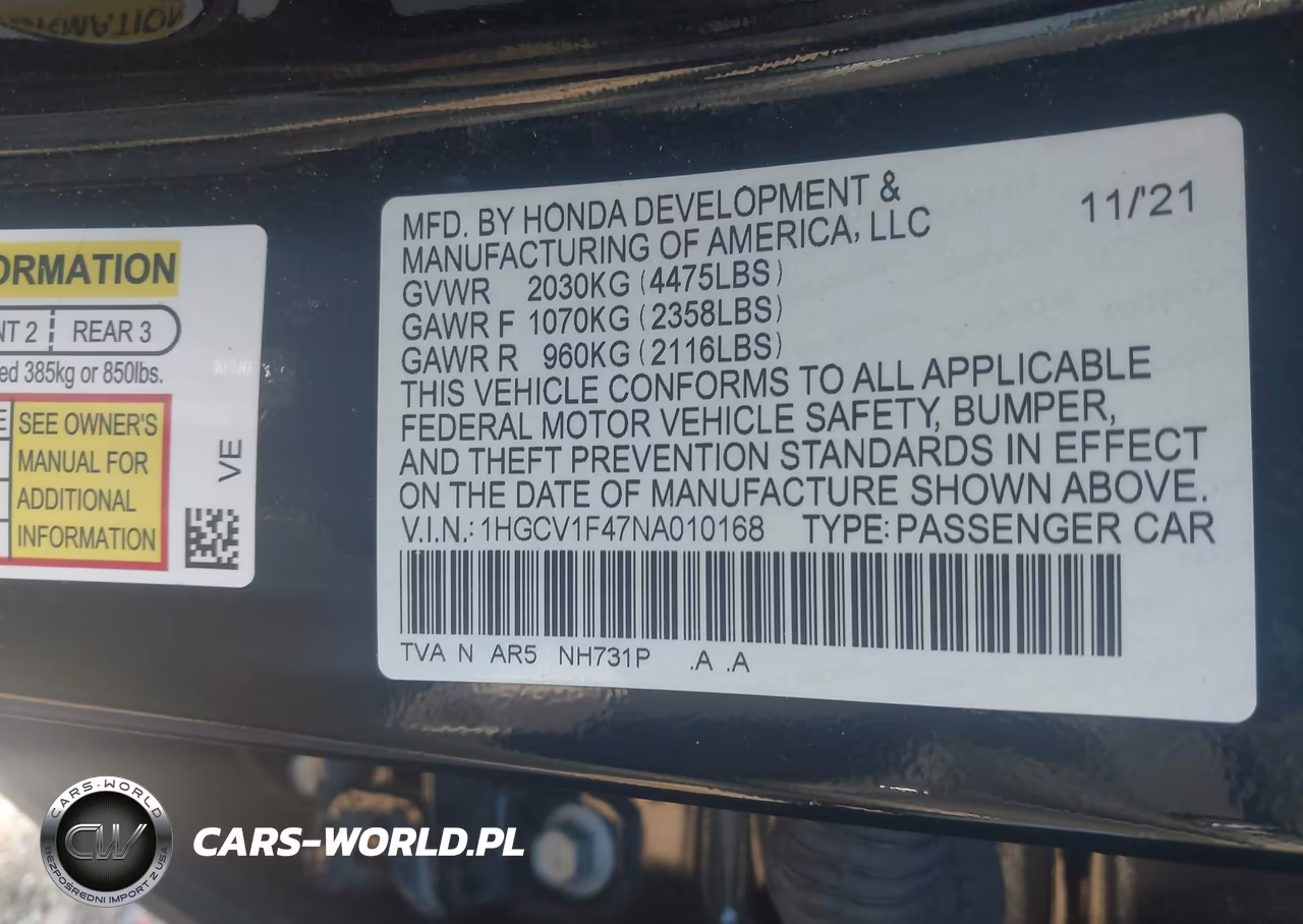 2022 Honda Accord Sport Special Edition VIN:1HGCV1F47NA010168 - 9