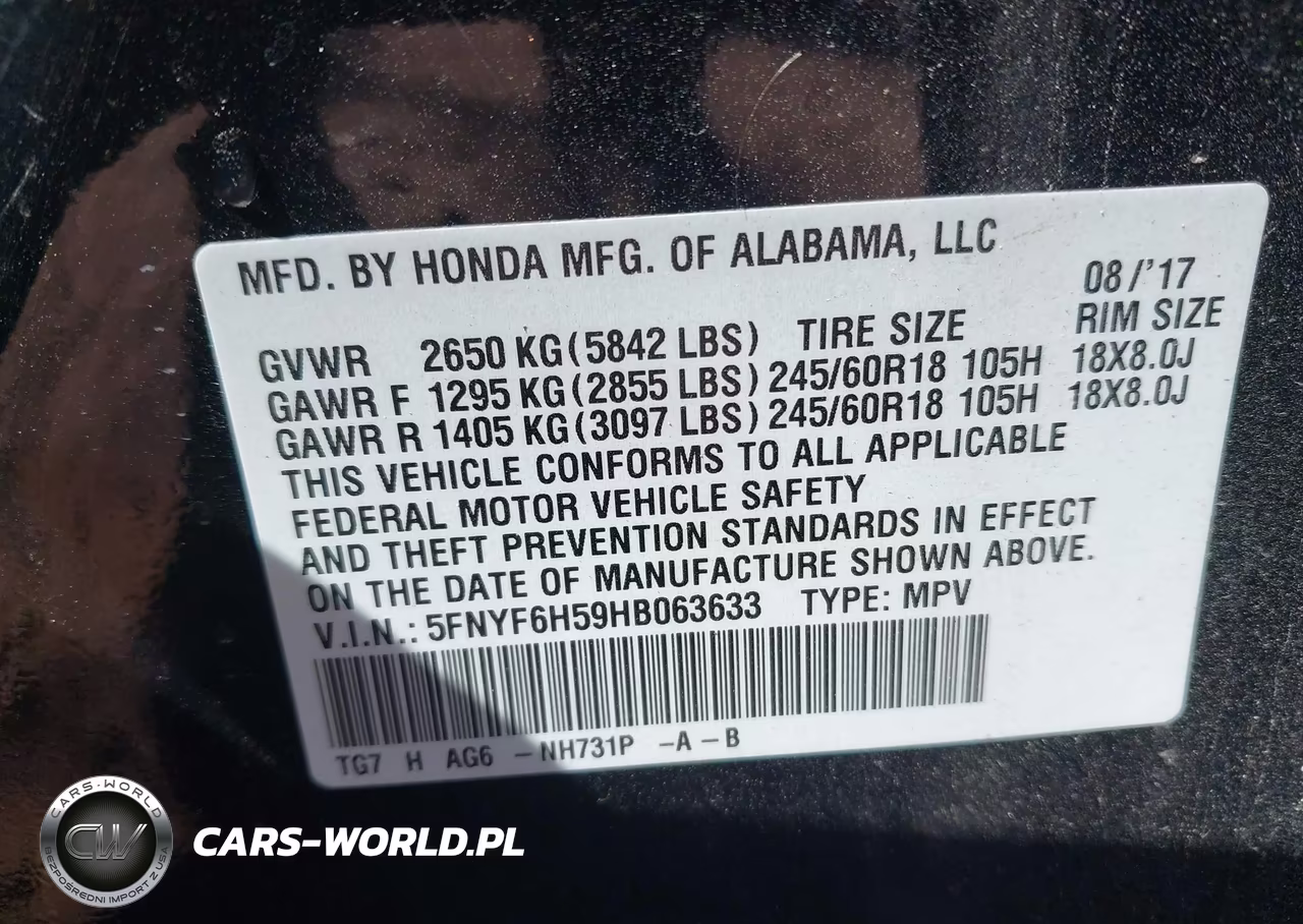 2017 Honda Pilot Ex-L VIN:5FNYF6H59HB063633 - 9