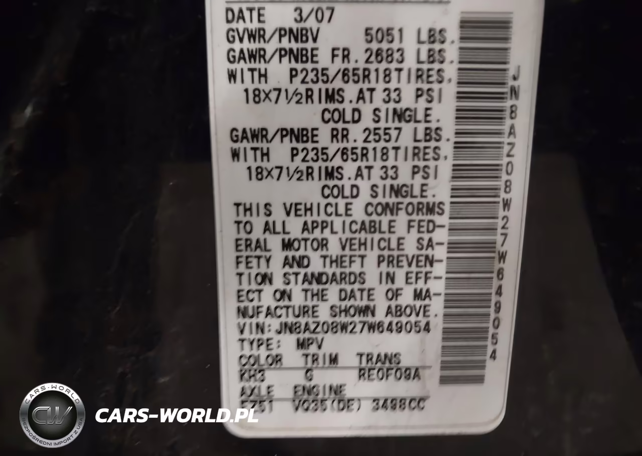 2007 Nissan Murano Sl VIN:JN8AZ08W27W649054 - 9