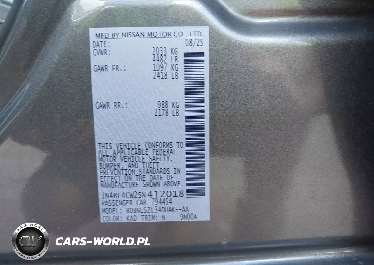 2025 Nissan Altima Sr Awd VIN:1N4BL4CW2SN412018 - 9