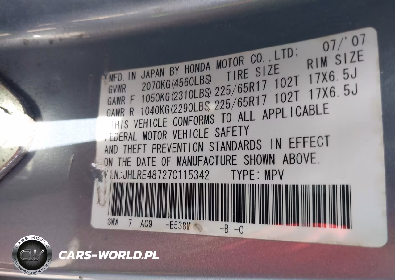 2007 Honda Cr-V Ex-L VIN:JHLRE48727C115342 - 9