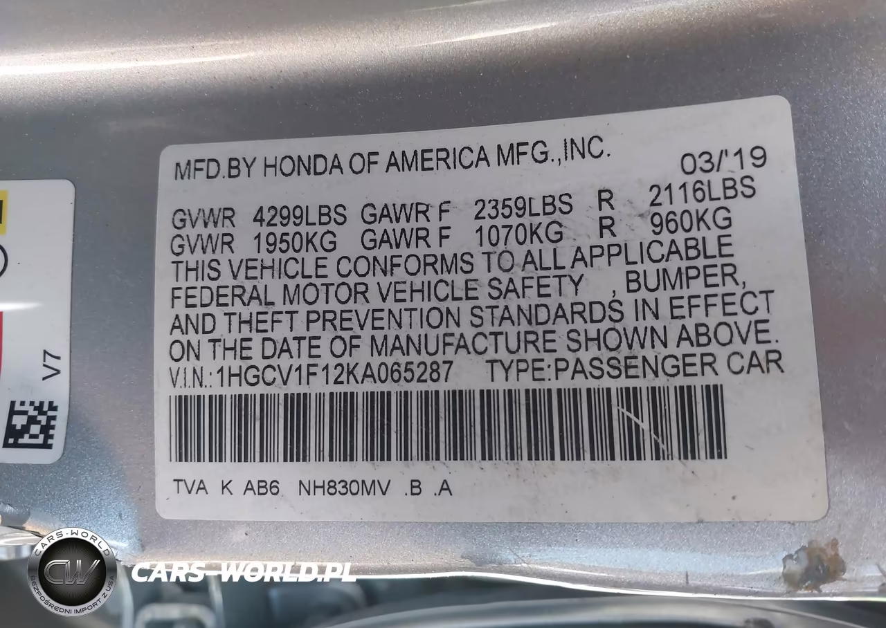 2019 Honda Accord Lx VIN:1HGCV1F12KA065287 - 9