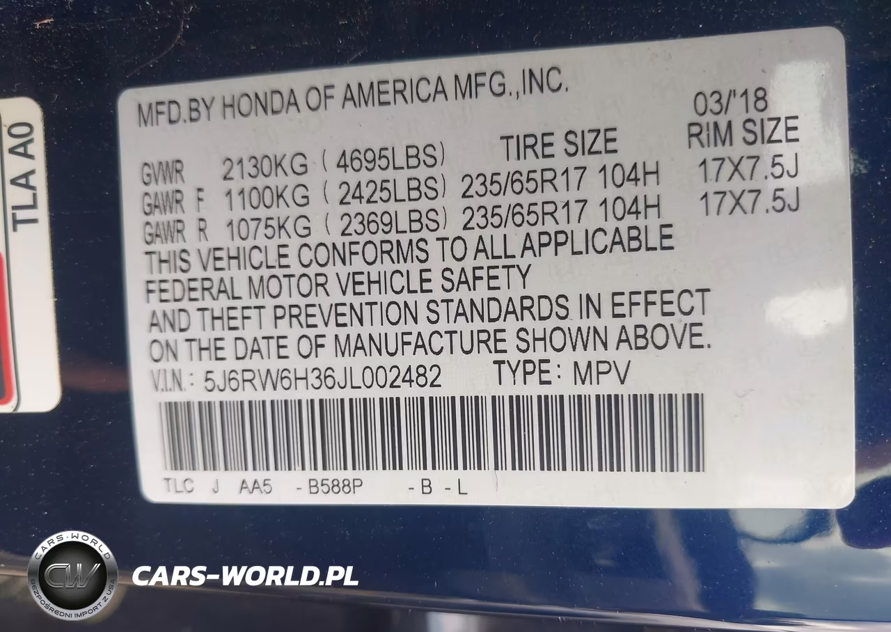 2018 Honda Cr-V Lx VIN:5J6RW6H36JL002482 - 9