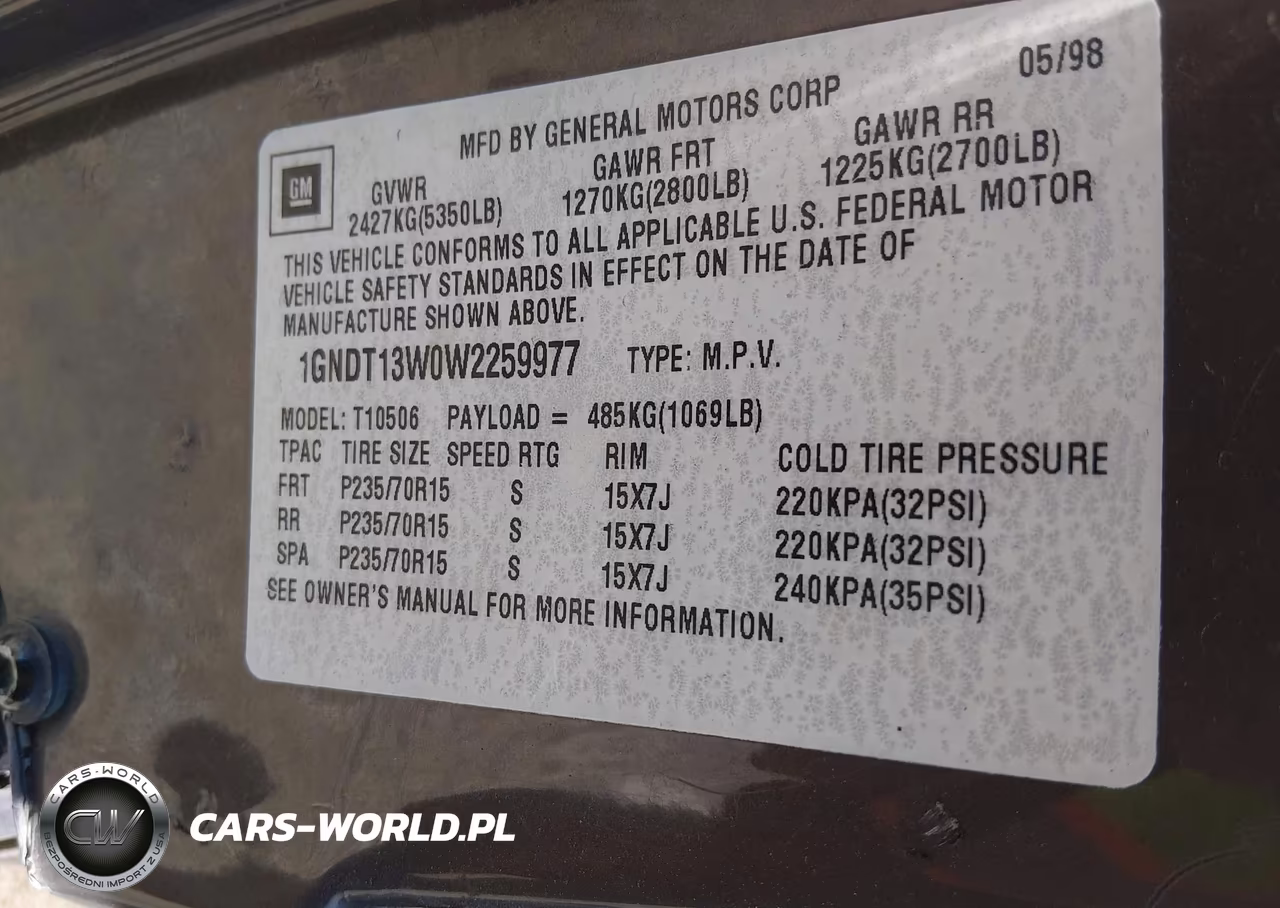 1998 Chevrolet Blazer Ls VIN:1GNDT13W0W2259977 - 9