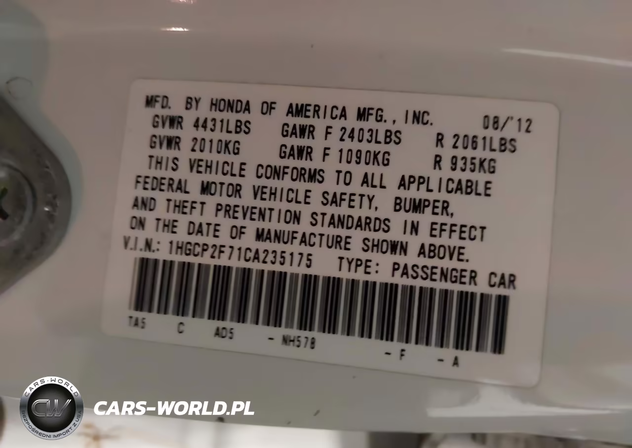 2012 Honda Accord 2.4 Ex VIN:1HGCP2F71CA235175 - 9