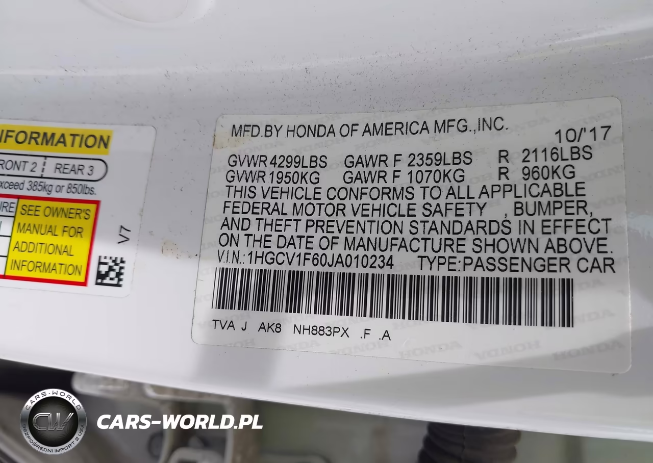 2018 Honda Accord Ex-L VIN:1HGCV1F60JA010234 - 9