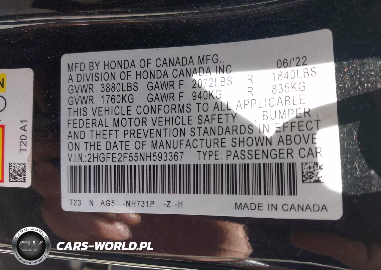 2022 Honda Civic Sport VIN:2HGFE2F55NH593367 - 9