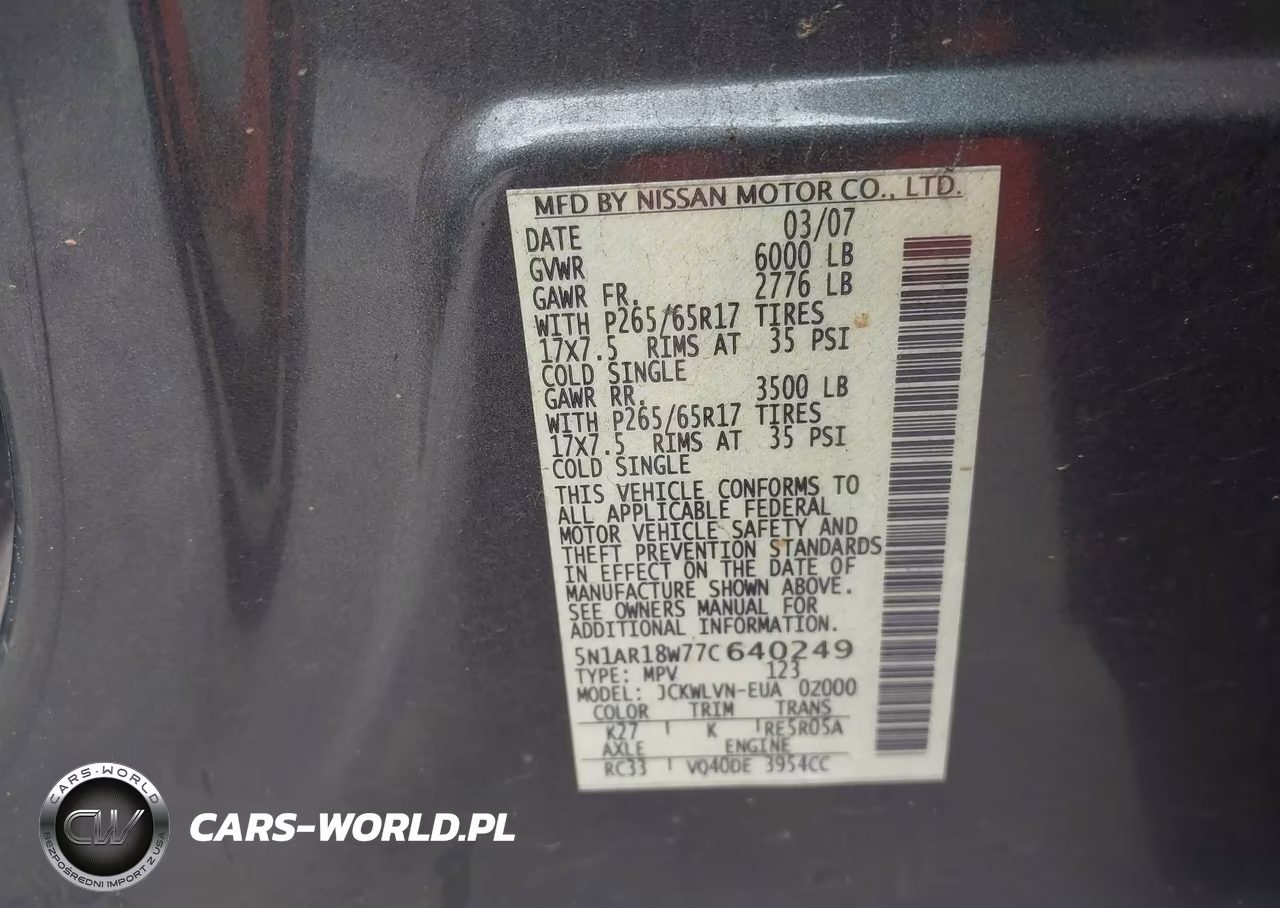 2007 Nissan Pathfinder Le VIN:5N1AR18W77C640249 - 9