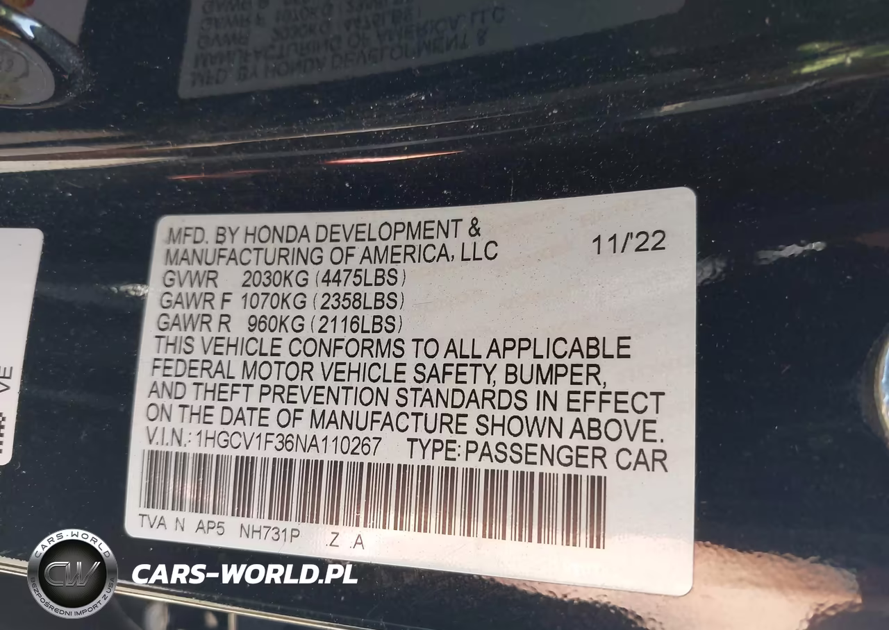 2022 Honda Accord Sport VIN:1HGCV1F36NA110267 - 9
