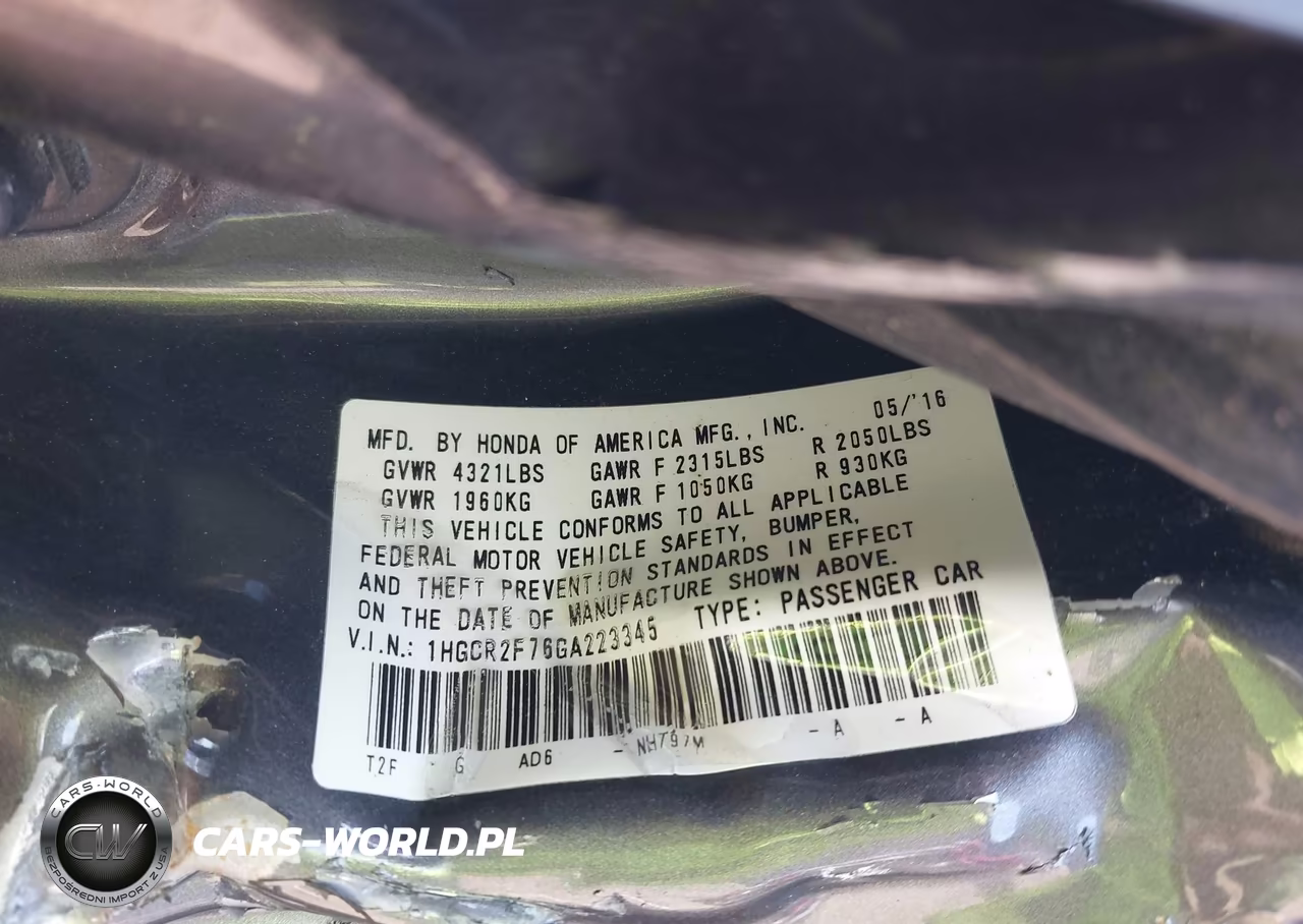 2016 Honda Accord Ex VIN:1HGCR2F76GA223345 - 9