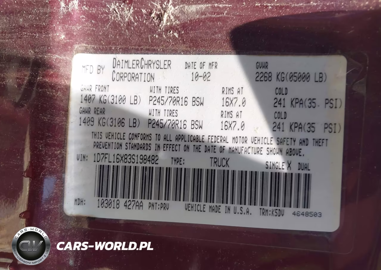 2003 Dodge Dakota VIN:1D7FL16X83S198482 - 9