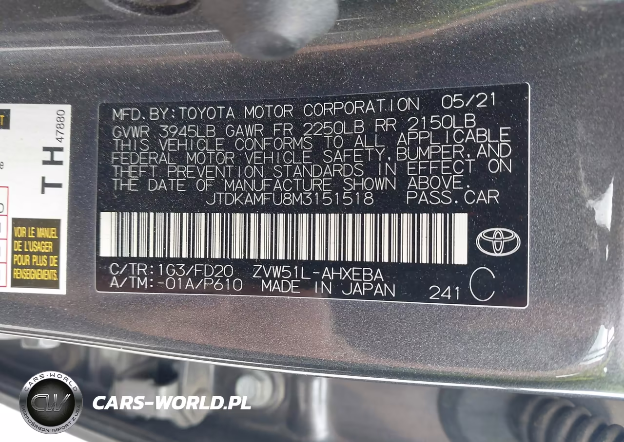 2021 Toyota Prius Le VIN:JTDKAMFU8M3151518 - 9
