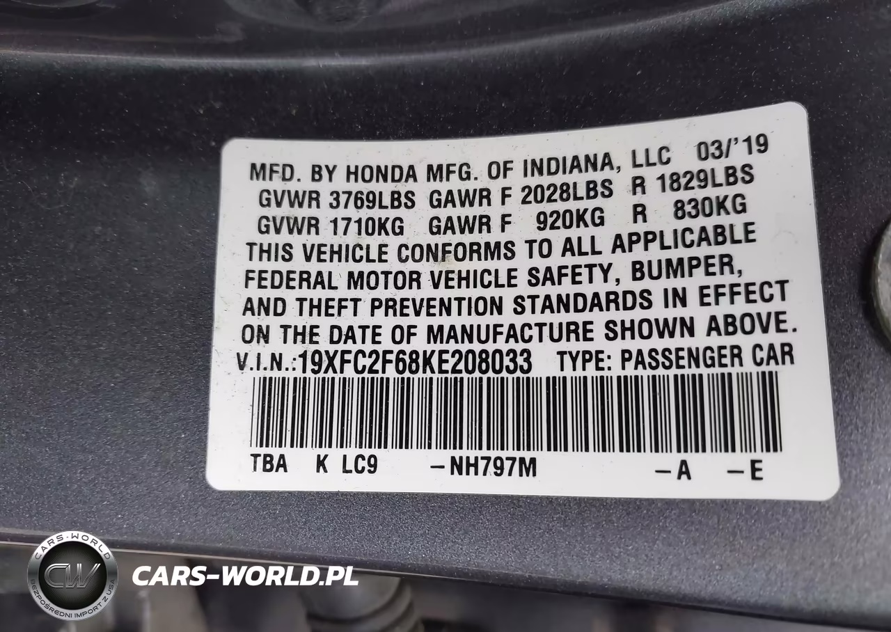 2019 Honda Civic Lx VIN:19XFC2F68KE208033 - 9