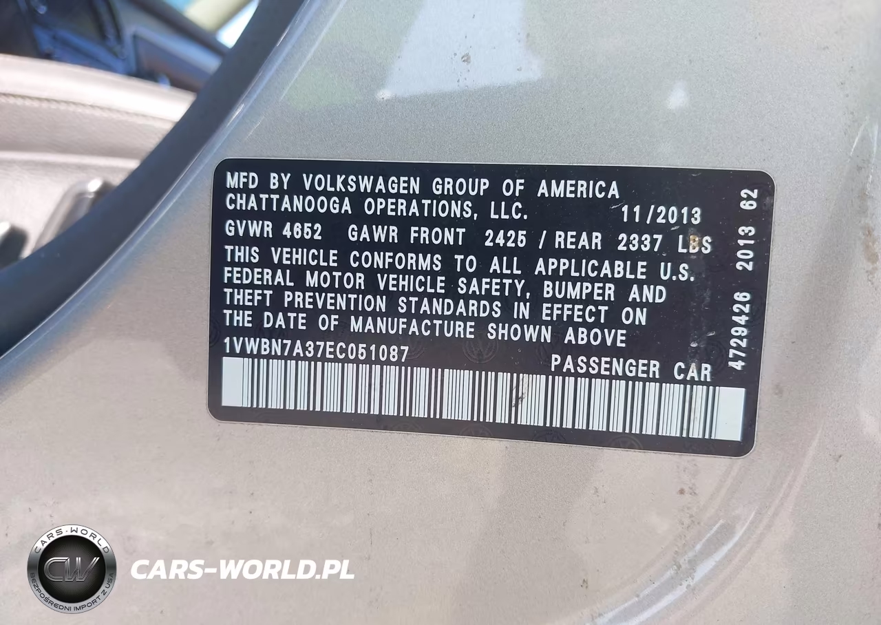 2014 Volkswagen Passat 2.0L Tdi Se VIN:1VWBN7A37EC051087 - 9