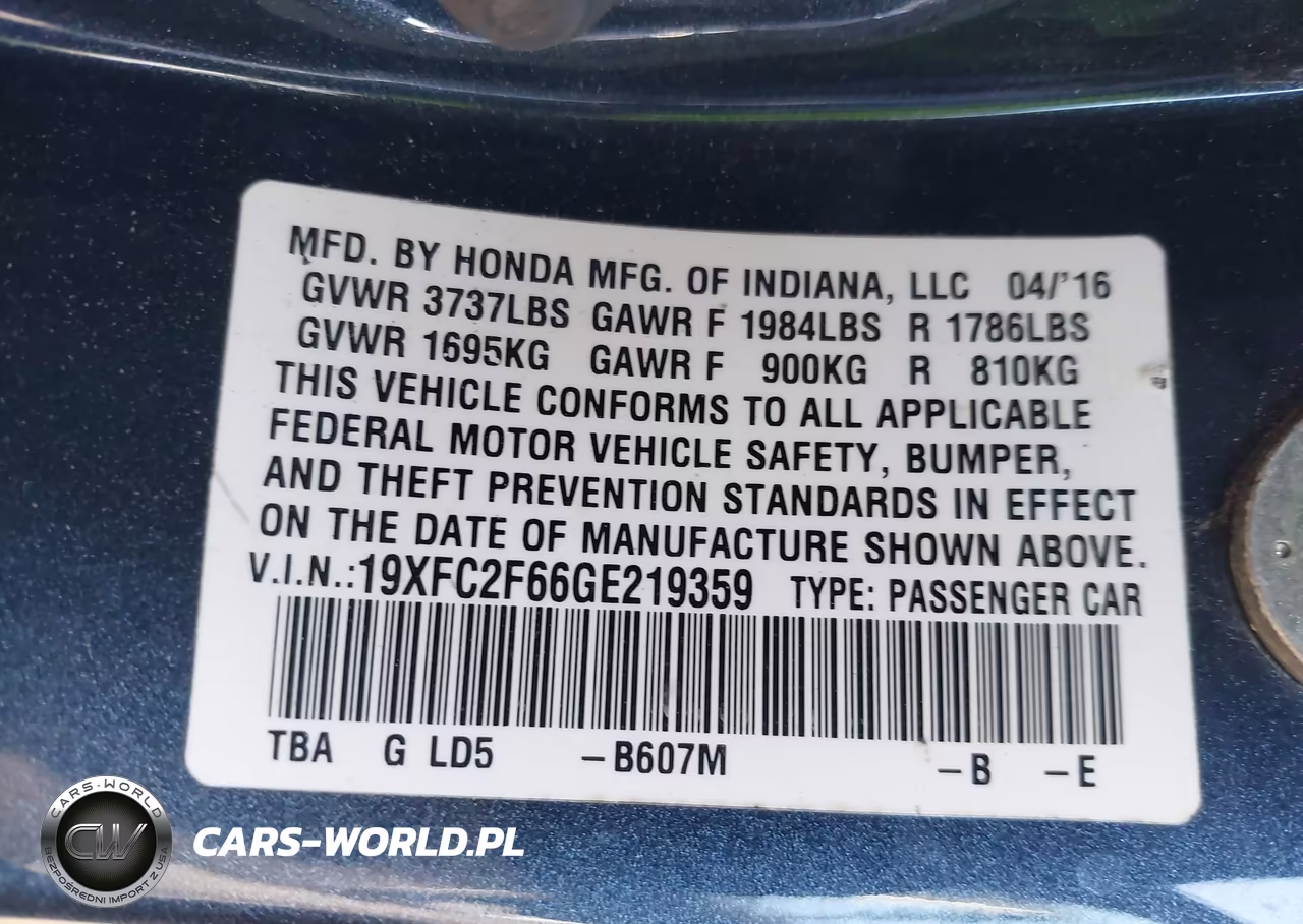 2016 Honda Civic Lx VIN:19XFC2F66GE219359 - 9