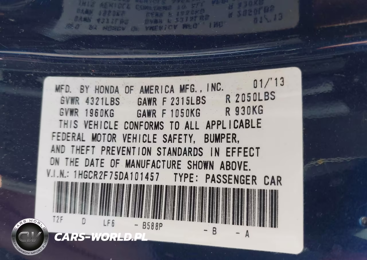 2013 Honda Accord Ex VIN:1HGCR2F75DA101457 - 9
