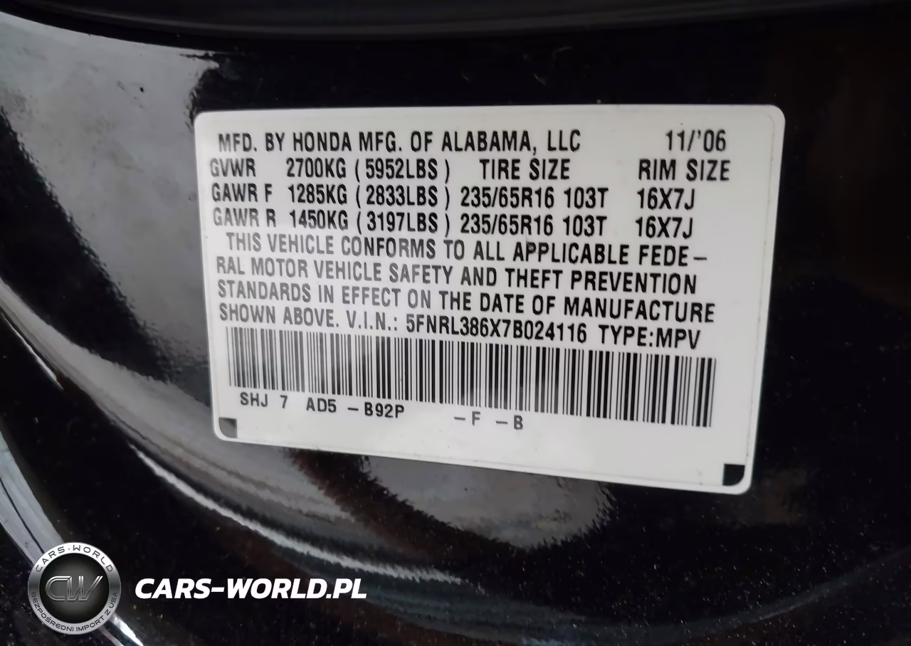 2007 Honda Odyssey Ex-L VIN:5FNRL386X7B024116 - 9