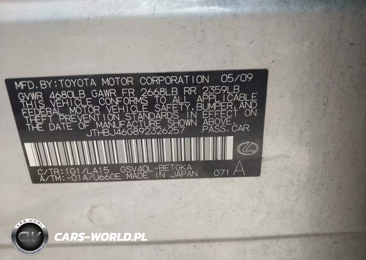 2009 Lexus Es 350 VIN:JTHBJ46G892326257 - 9