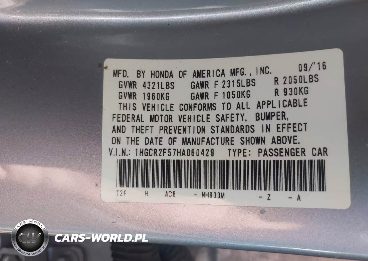 2017 Honda Accord Sport VIN:1HGCR2F57HA060429 - 9