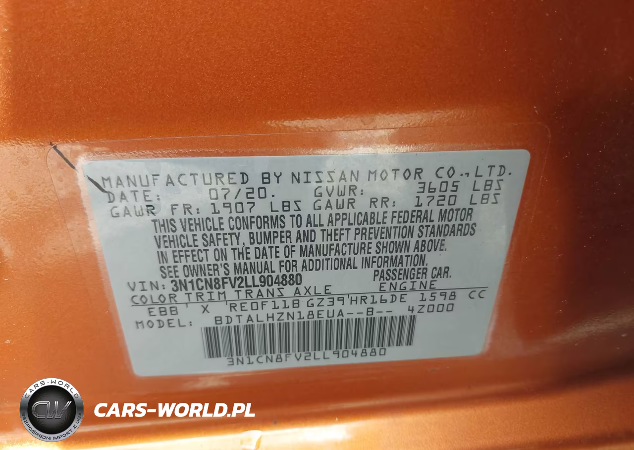 2020 Nissan Versa Sr Xtronic Cvt VIN:3N1CN8FV2LL904880 - 9
