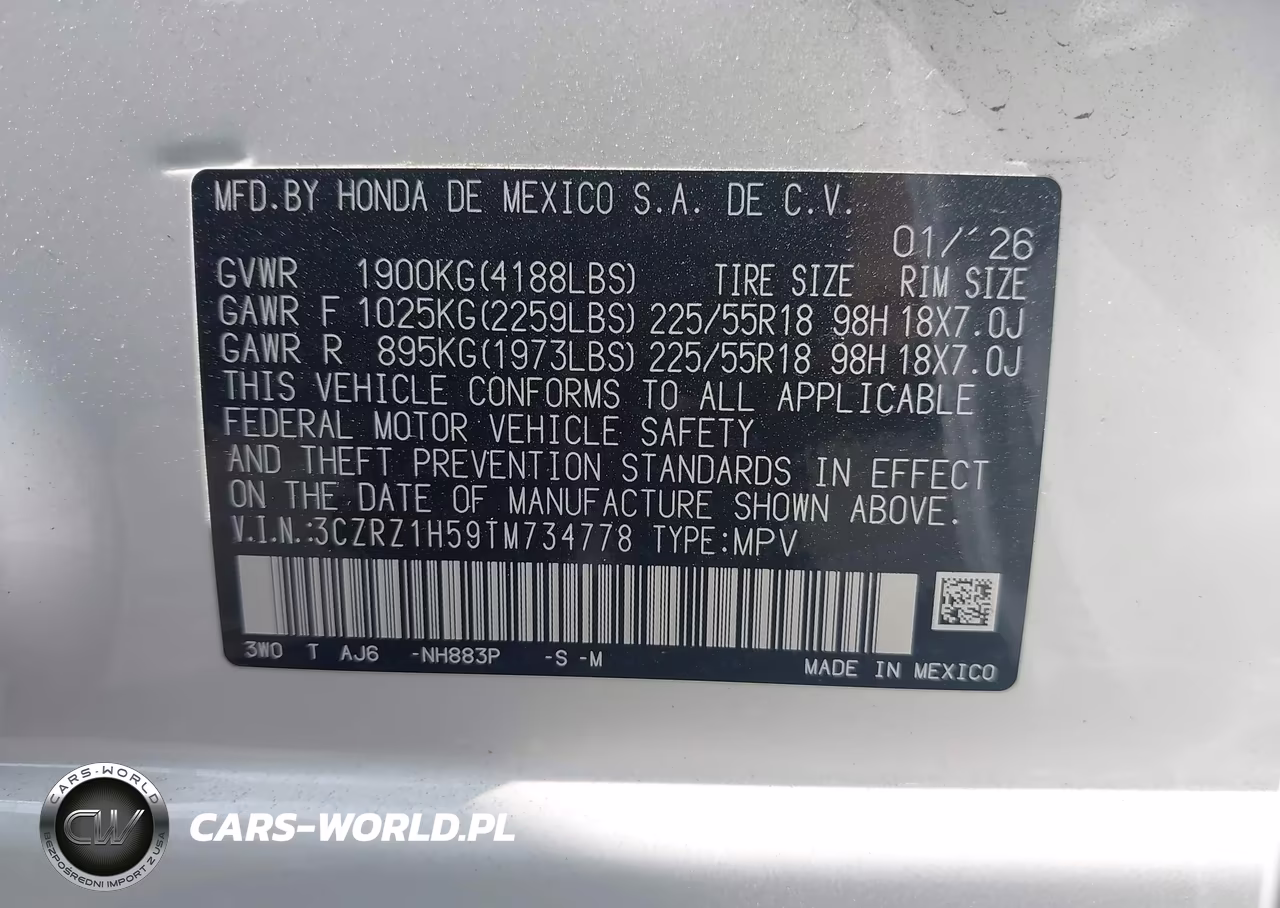 2026 Honda Hr-V 2Wd Sport VIN:3CZRZ1H59TM734778 - 9