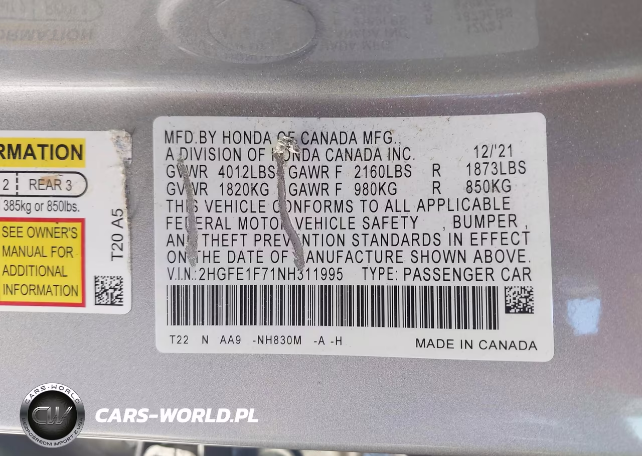 2022 Honda Civic Ex VIN:2HGFE1F71NH311995 - 9