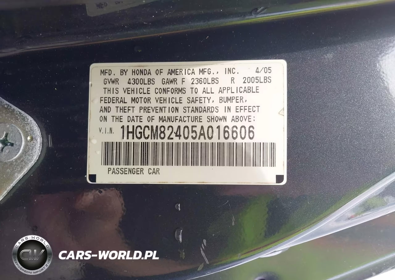2005 Honda Accord 3.0 Lx Special Edition VIN:1HGCM82405A016606 - 9