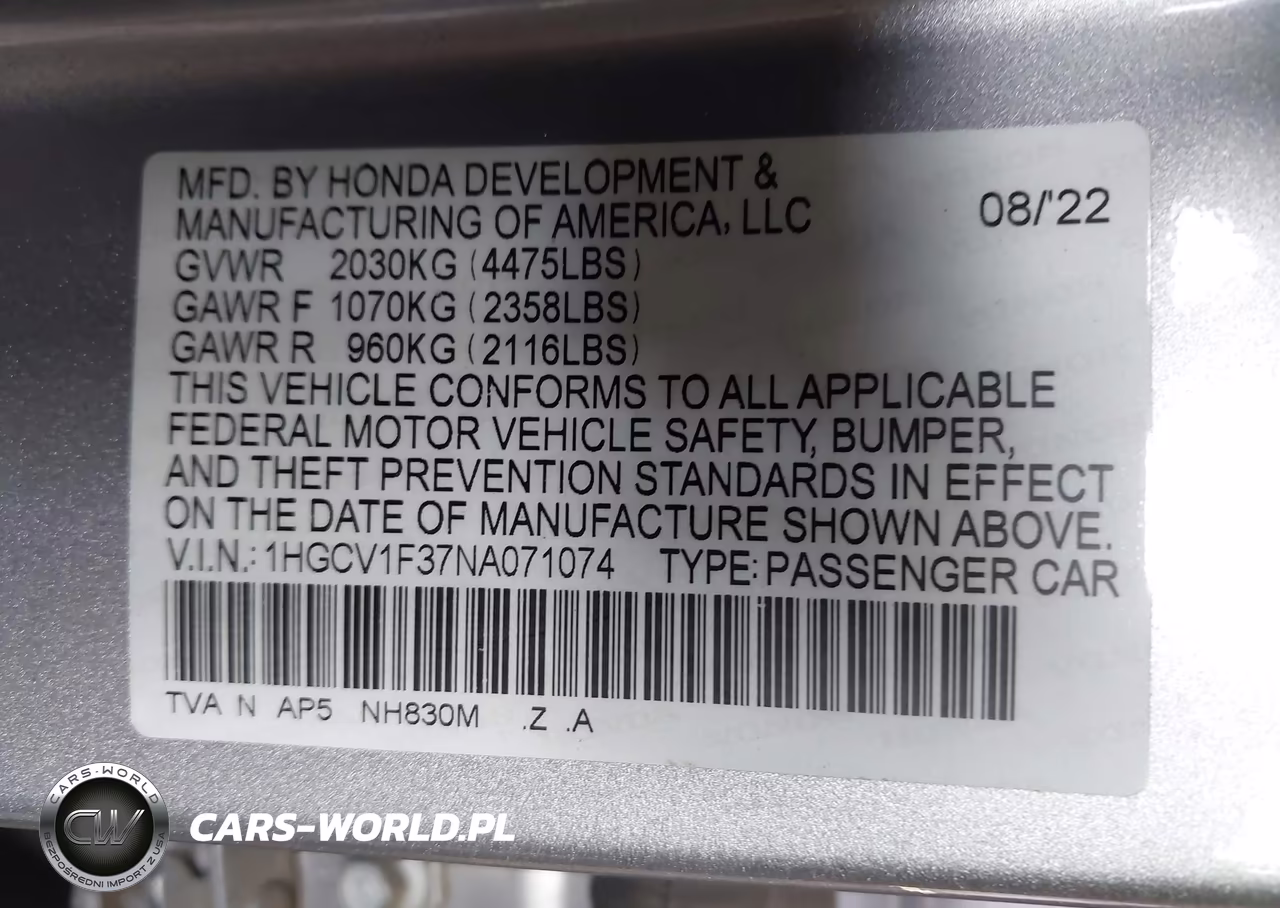 2022 Honda Accord Sport VIN:1HGCV1F37NA071074 - 9