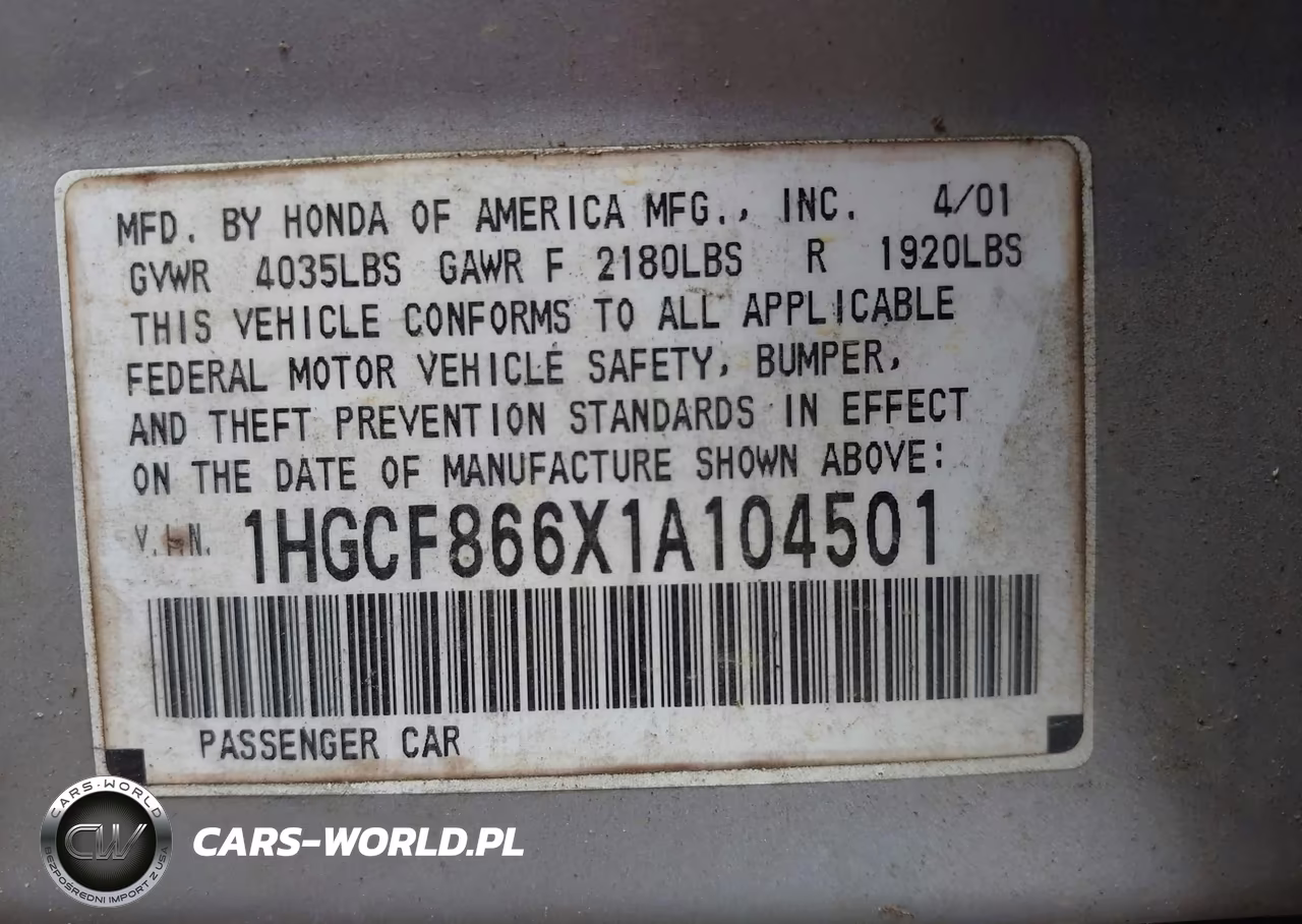 2001 Honda Accord Value Package VIN:1HGCF866X1A104501 - 9